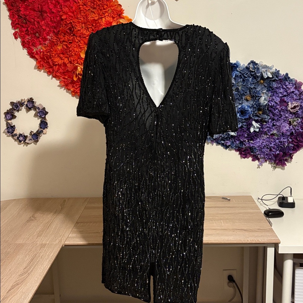 Vintage 90’s Mark & John By Gopal Sequin Dress Black Beaded Open Back Cutout - Picture 4 of 16